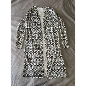 Image Black White Geometric Ikat Print Open Front Longline Duster Cardigan 34